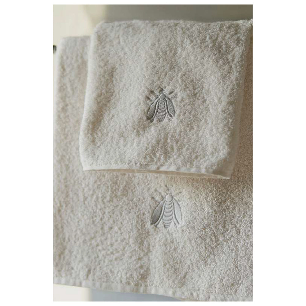 Api towel set White with pearl grey Bee embroidery