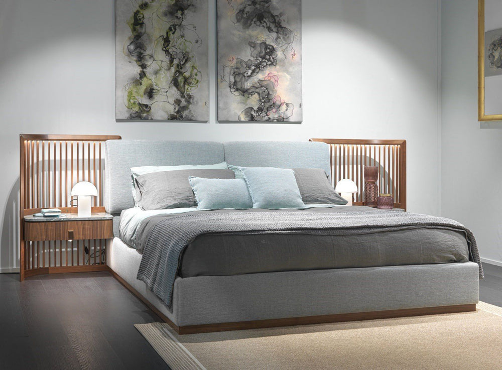 Bed with built-in nightstands and lighting