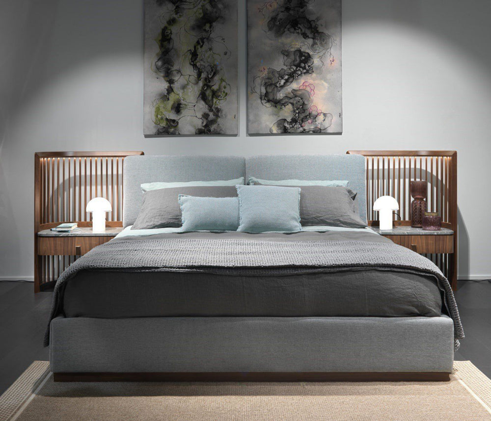 Bed with built-in nightstands and lighting