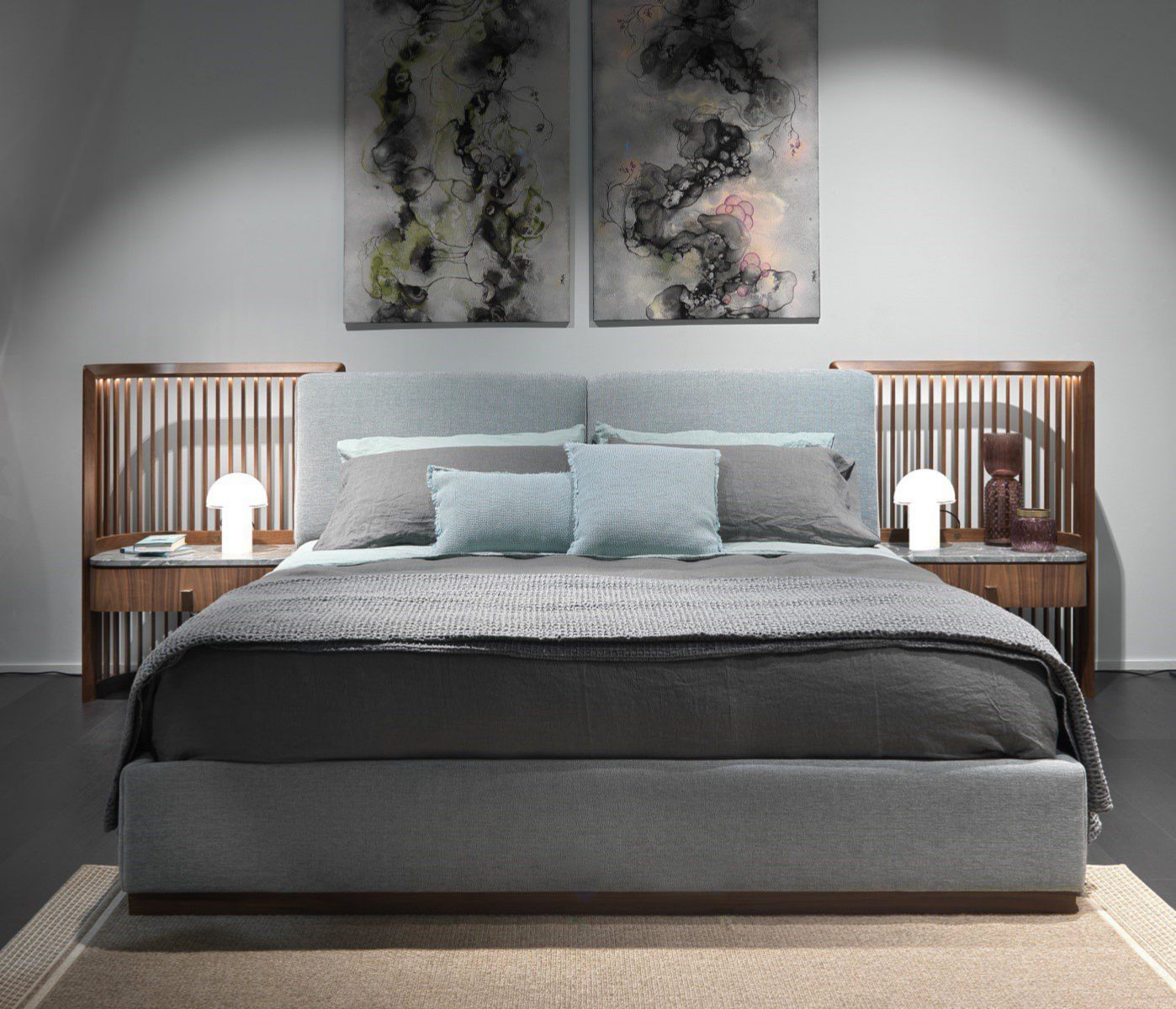 Bed with built-in nightstands and lighting